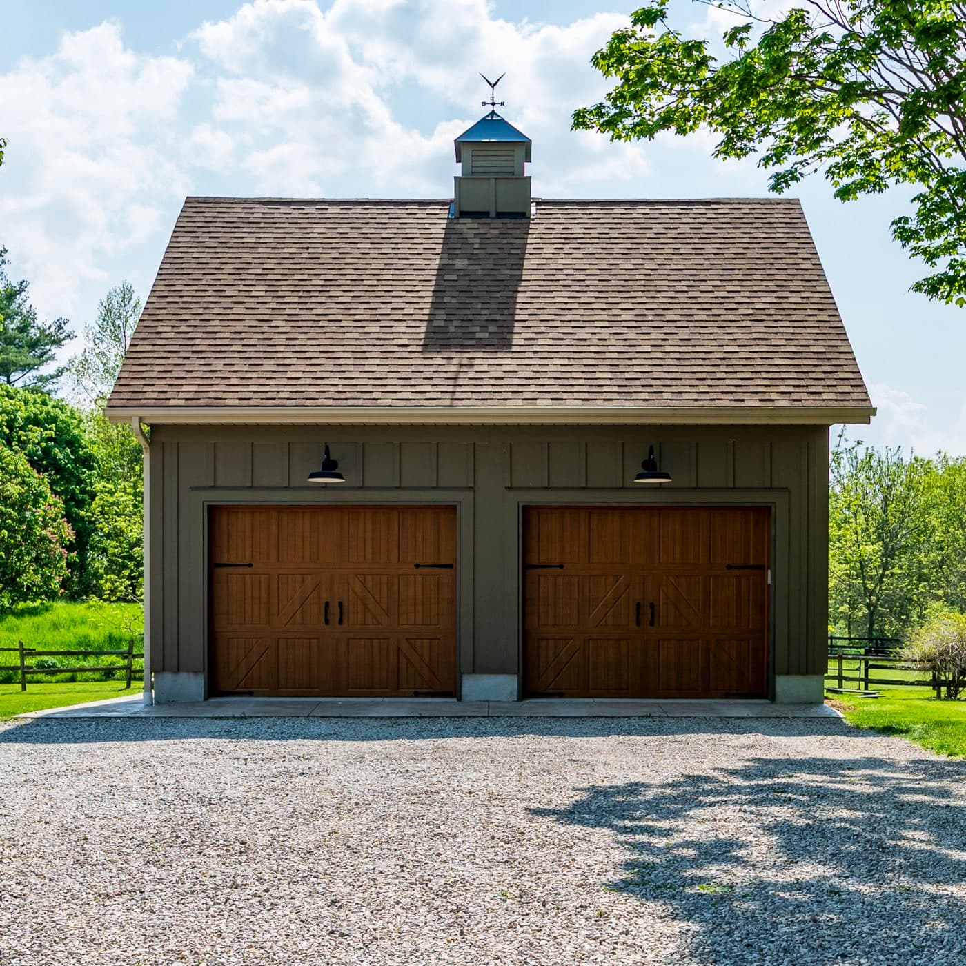 A finished all-wood pole barn garage on a Delaware property, built to sit next to the house.